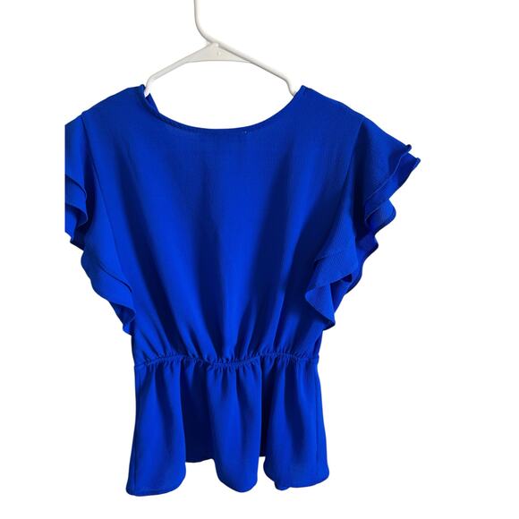 Monteau Women's Medium Blue Faux Wrap Ruffle Short Sleeve V-Neck Blouse - Picture 8 of 10